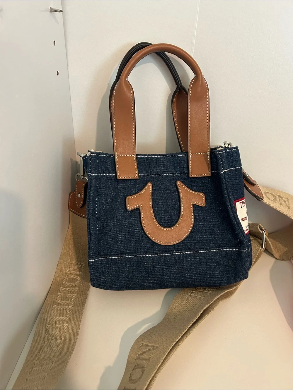 True Religion Denim Mini Tote with Tan Leather Trim